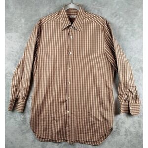 Kiton‎ 100% Cotton Brown White Striped Button Up Dress Shirt Mens Large